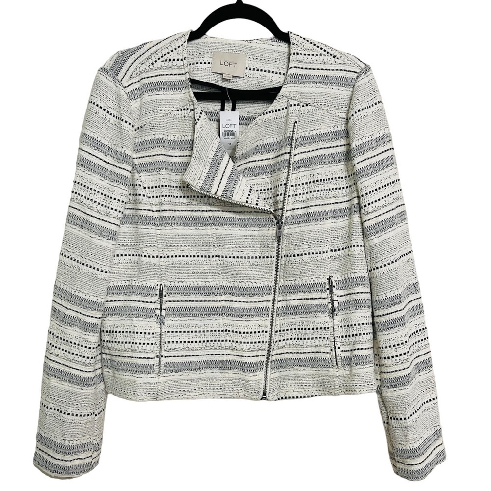Ann Taylor Loft Textured Tweed Asymmetrical Striped Zip Moto Jacket Size 10
